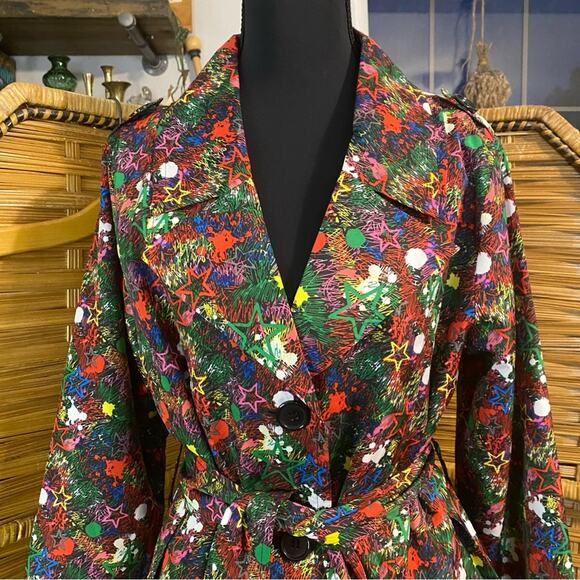 Joe Browns colorful graffiti stars Notched Collar Cocktail Trench Coat size 10 - Picture 12 of 16
